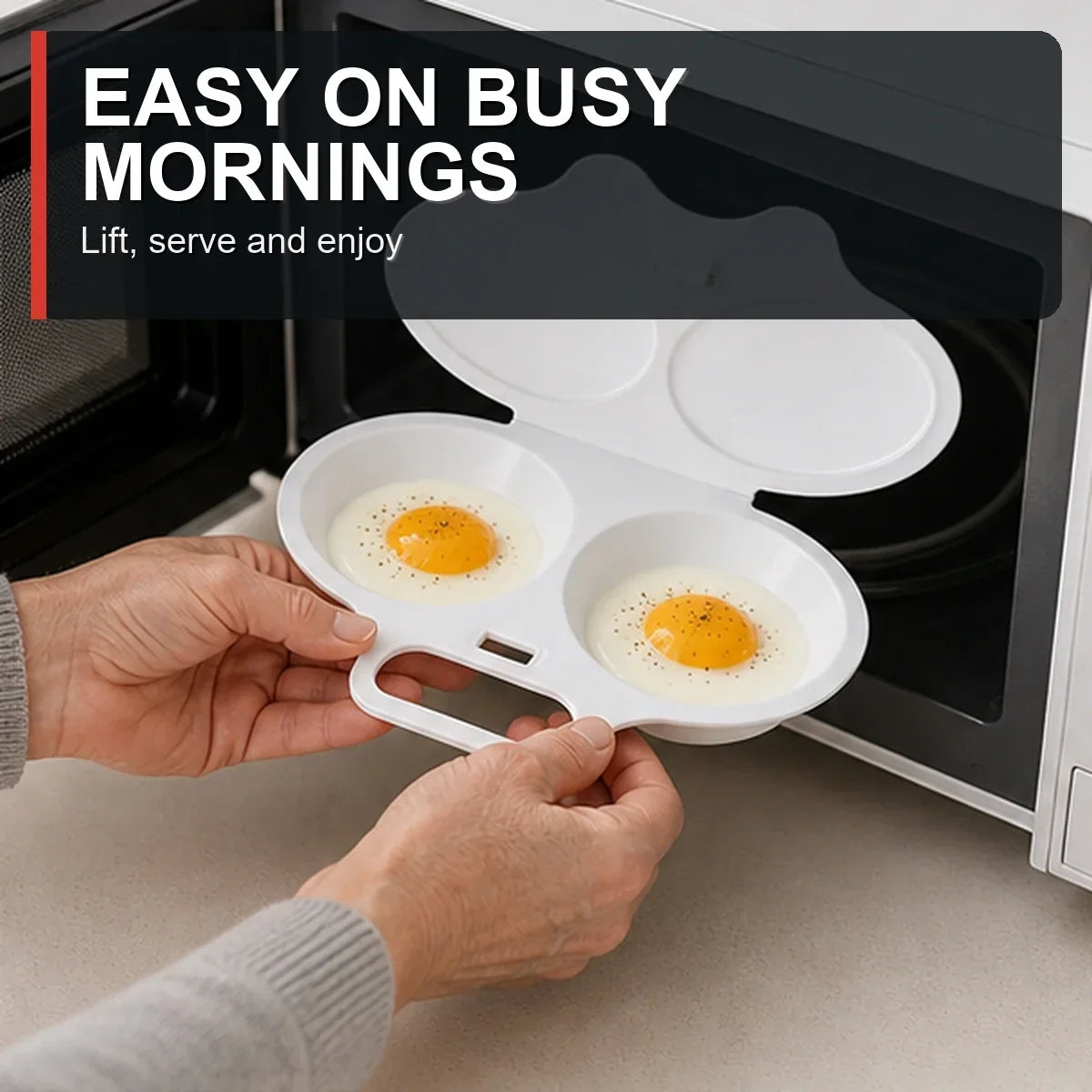 Dual-Cavity Microwave Egg Poacher — 2 Eggs, Non-Stick, Food-Grade PP