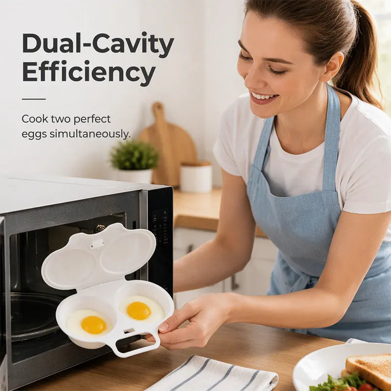 Dual-Cavity Microwave Egg Poacher — 2 Eggs, Non-Stick, Food-Grade PP