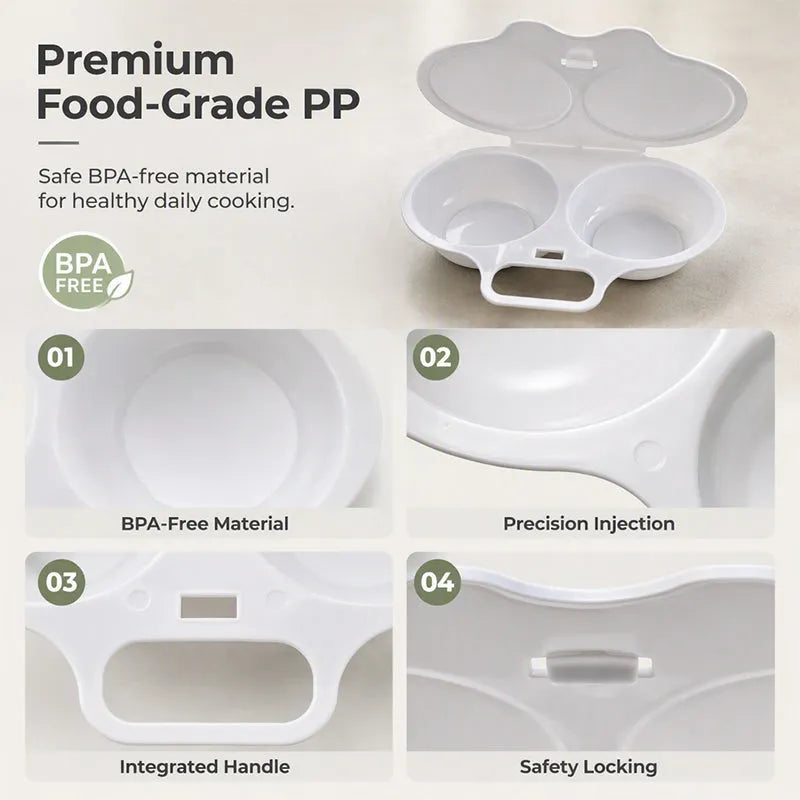 Dual-Cavity Microwave Egg Poacher — 2 Eggs, Non-Stick, Food-Grade PP