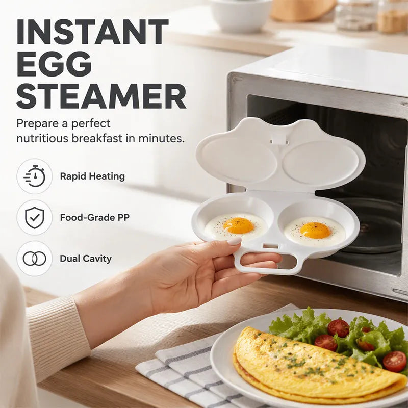 Dual-Cavity Microwave Egg Poacher — 2 Eggs, Non-Stick, Food-Grade PP