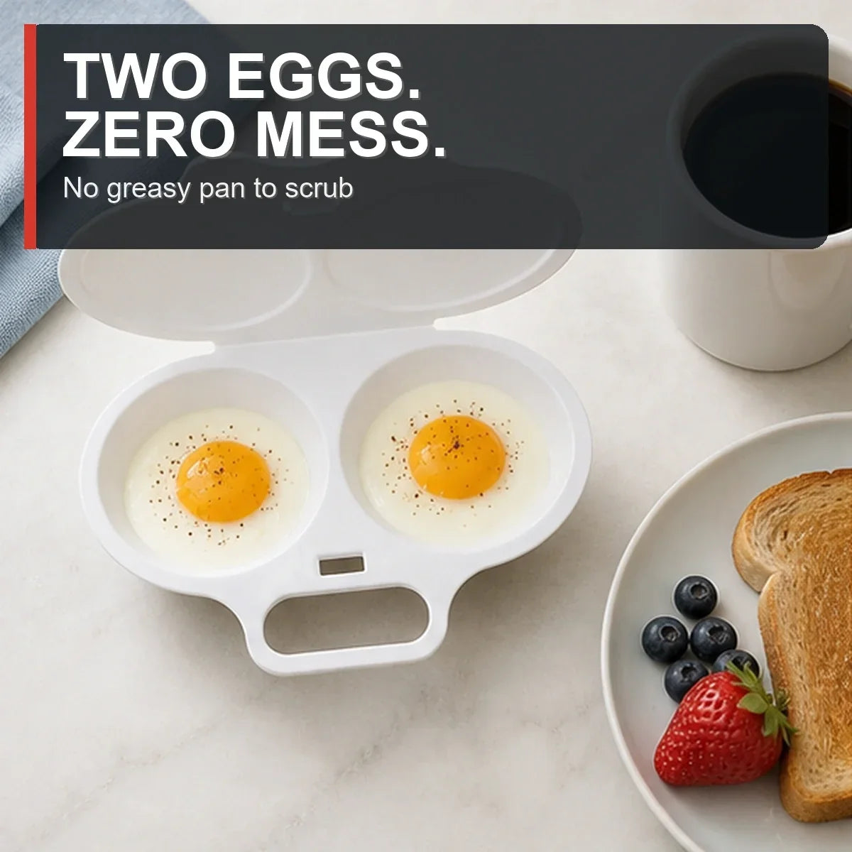 Dual-Cavity Microwave Egg Poacher — 2 Eggs, Non-Stick, Food-Grade PP