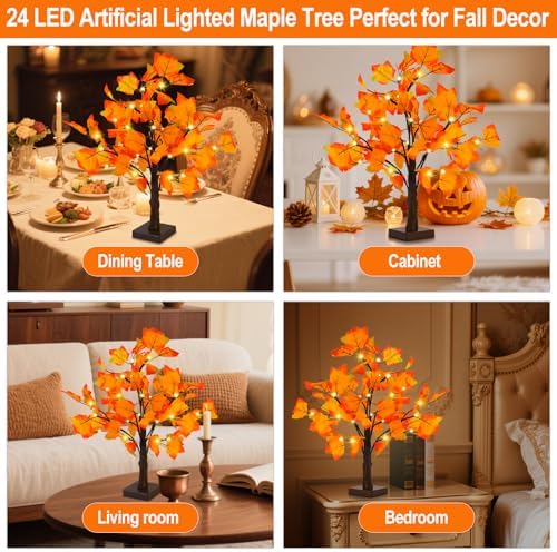 Artificial Fall Lighted Maple Tree 24 LED Thanksgiving Decorations Table Lights Battery Operated for Wedding Party Gifts Indoor Outdoor Autumn Harvest Home Decor