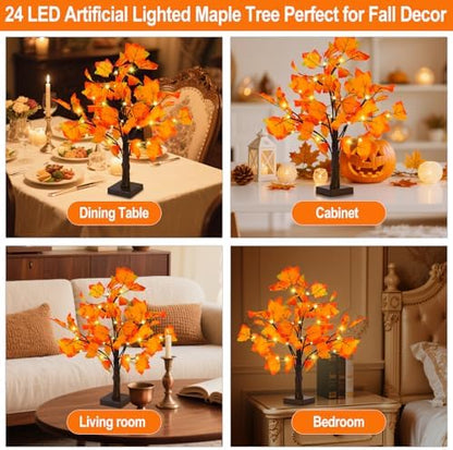 Artificial Fall Lighted Maple Tree 24 LED Thanksgiving Decorations Table Lights Battery Operated for Wedding Party Gifts Indoor Outdoor Autumn Harvest Home Decor