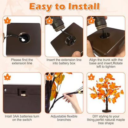 Artificial Fall Lighted Maple Tree 24 LED Thanksgiving Decorations Table Lights Battery Operated for Wedding Party Gifts Indoor Outdoor Autumn Harvest Home Decor