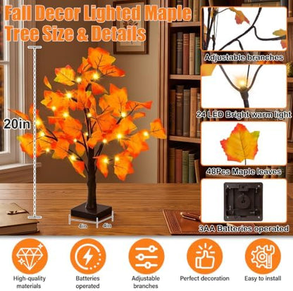Artificial Fall Lighted Maple Tree 24 LED Thanksgiving Decorations Table Lights Battery Operated for Wedding Party Gifts Indoor Outdoor Autumn Harvest Home Decor