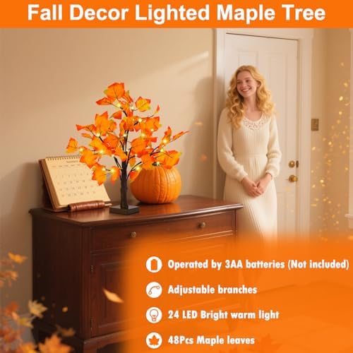 Artificial Fall Lighted Maple Tree 24 LED Thanksgiving Decorations Table Lights Battery Operated for Wedding Party Gifts Indoor Outdoor Autumn Harvest Home Decor
