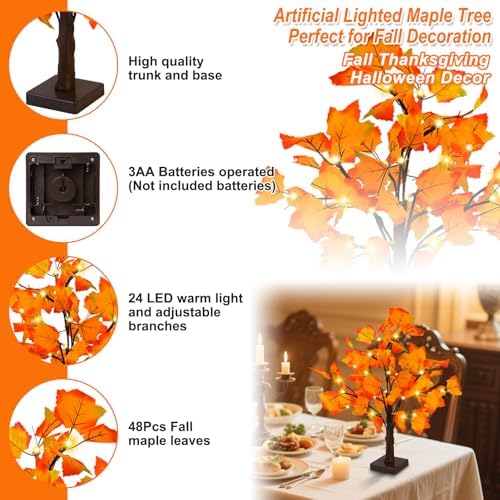 Artificial Fall Lighted Maple Tree 24 LED Thanksgiving Decorations Table Lights Battery Operated for Wedding Party Gifts Indoor Outdoor Autumn Harvest Home Decor