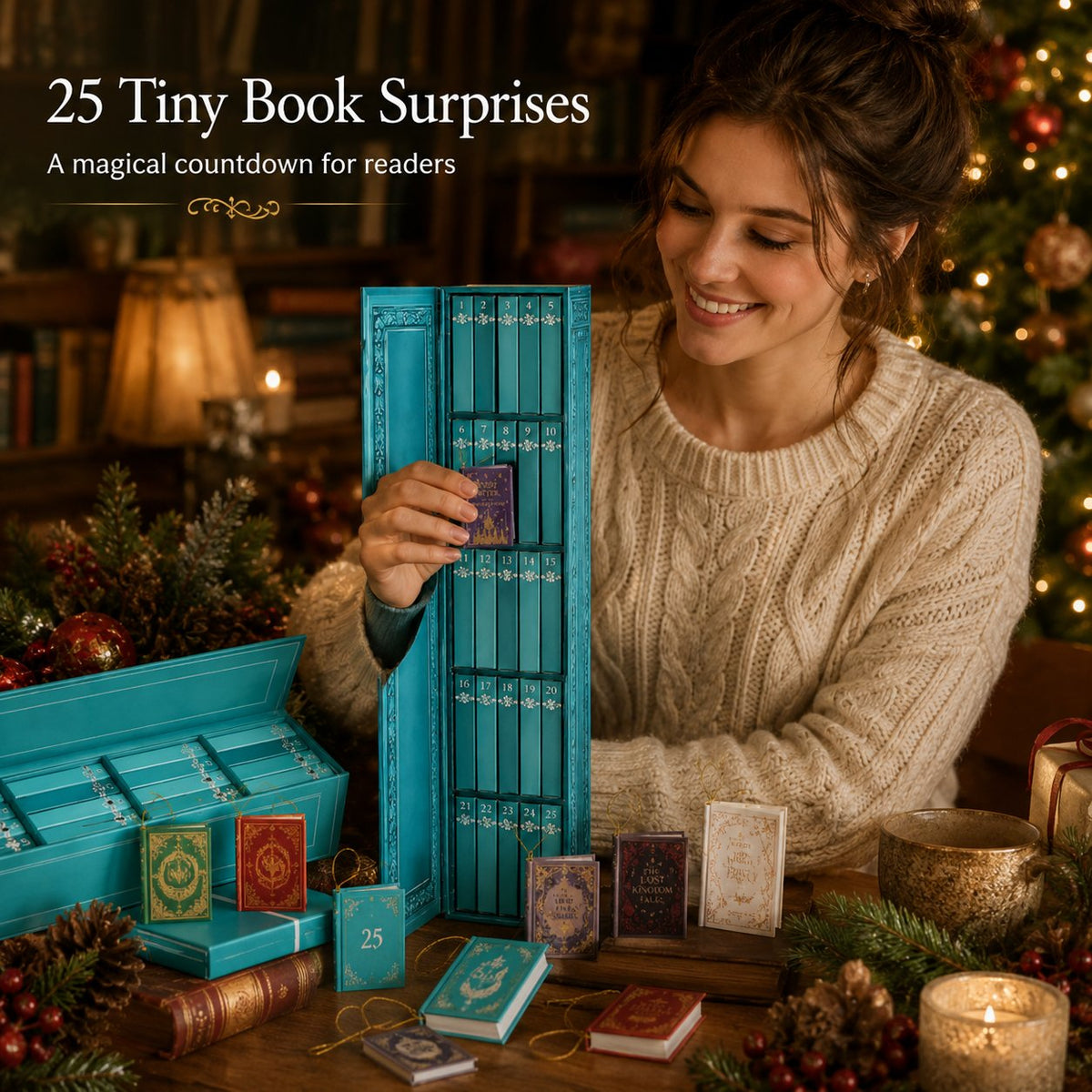 Tiny Bookery Advent Calendar, 25‑Day Mini Book Ornaments | Christmas Countdown Gift for Book Lovers