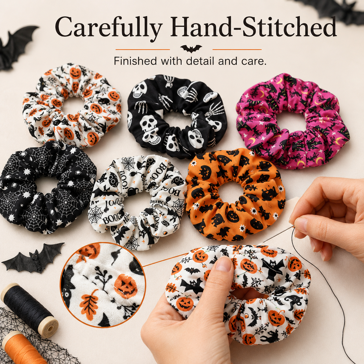 🎃 Hand-Illustrated Halloween Scrunchie Collection (6pc, Limited Batch)