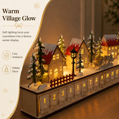 🎄 Wooden Village Advent Calendar with LED Lights — 100% Natural Polished Wood 🏠(32.68 × 7.09 × 3.54 in)