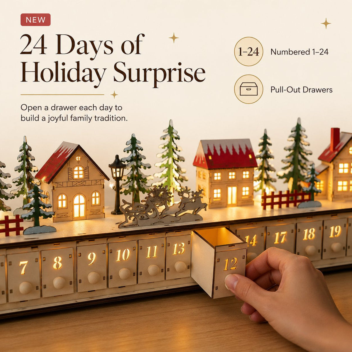 🎄 Wooden Village Advent Calendar with LED Lights — 100% Natural Polished Wood 🏠(32.68 × 7.09 × 3.54 in)