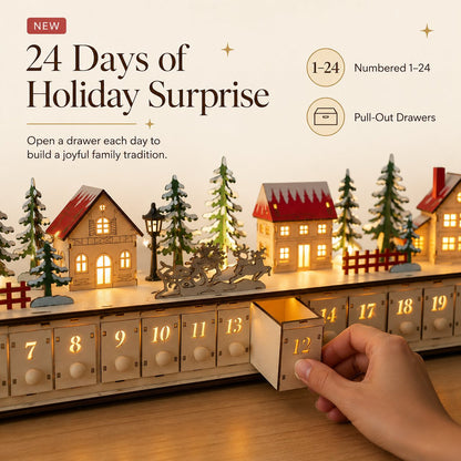 🎄 Wooden Village Advent Calendar with LED Lights — 100% Natural Polished Wood 🏠(32.68 × 7.09 × 3.54 in)