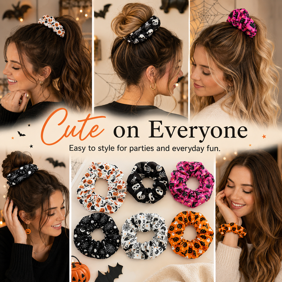 🎃 Hand-Illustrated Halloween Scrunchie Collection (6pc, Limited Batch)