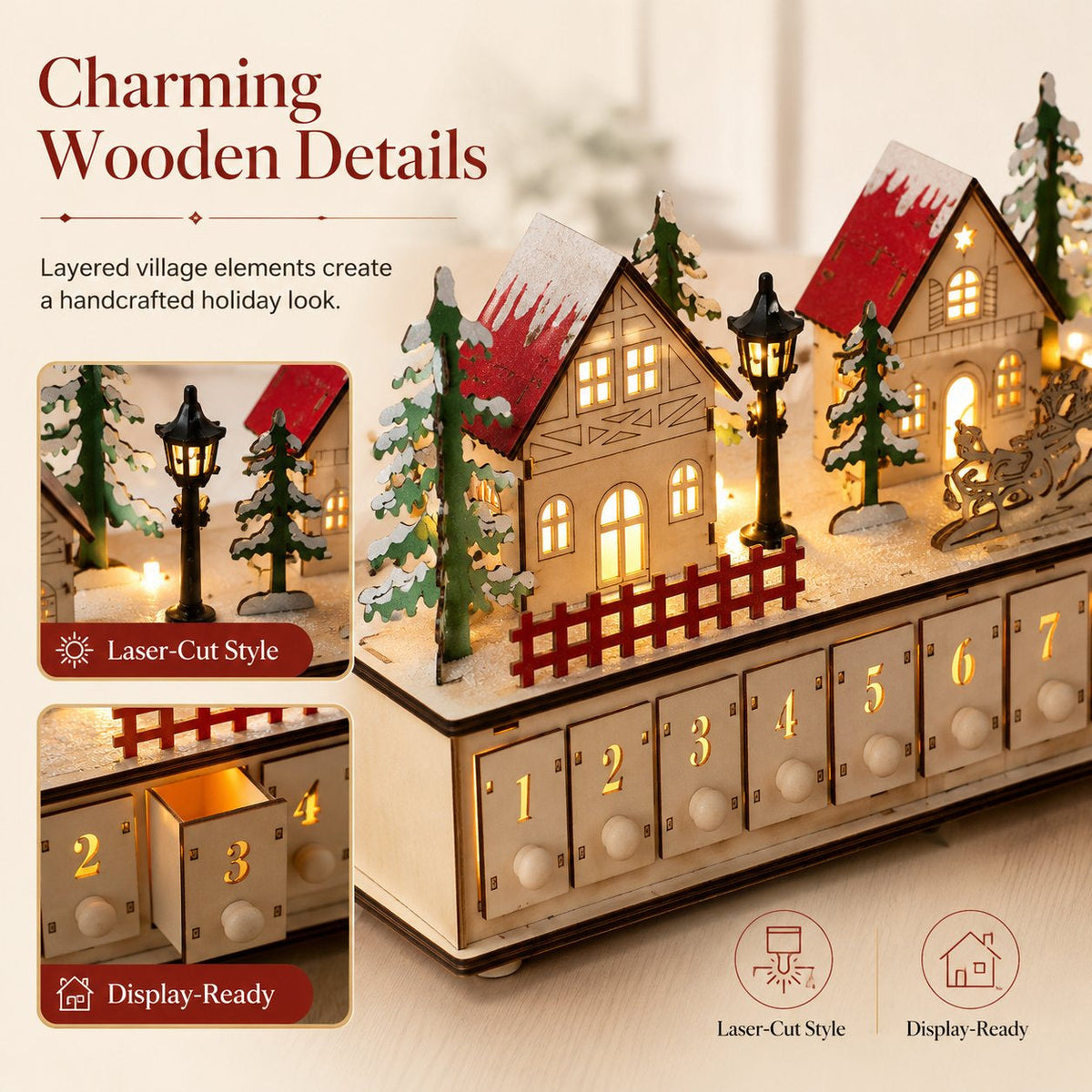 🎄 Wooden Village Advent Calendar with LED Lights — 100% Natural Polished Wood 🏠(32.68 × 7.09 × 3.54 in)