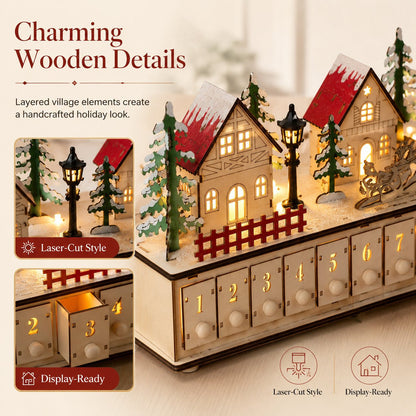 🎄 Wooden Village Advent Calendar with LED Lights — 100% Natural Polished Wood 🏠(32.68 × 7.09 × 3.54 in)