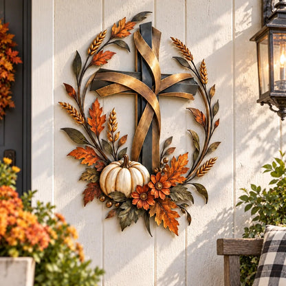 ✝️🍂 Autumn Cross & Pumpkin Harvest Metal Wall Decor