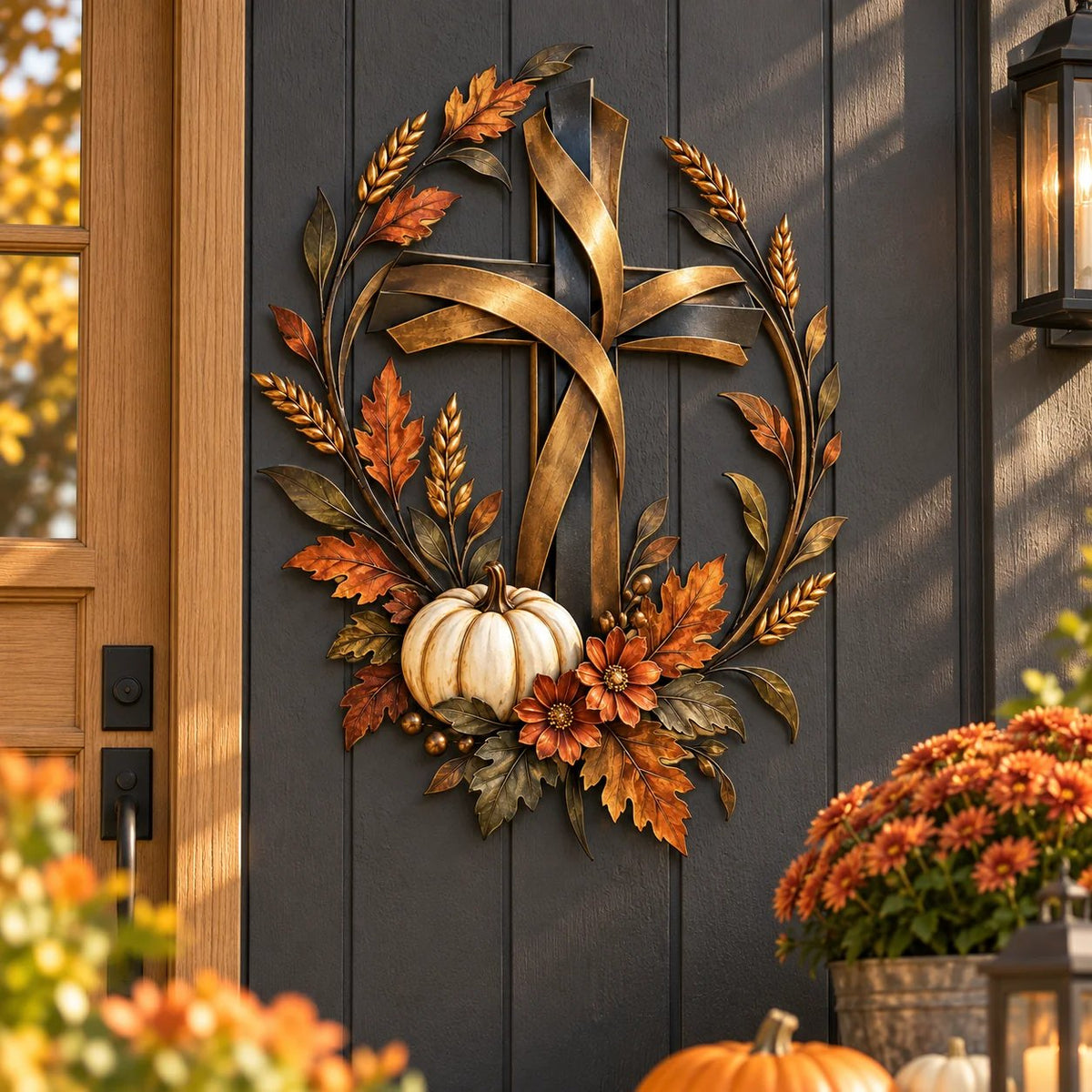 ✝️🍂 Autumn Cross & Pumpkin Harvest Metal Wall Decor
