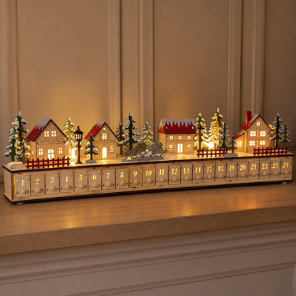 🎄 Wooden Village Advent Calendar with LED Lights — 100% Natural Polished Wood 🏠(32.68 × 7.09 × 3.54 in)