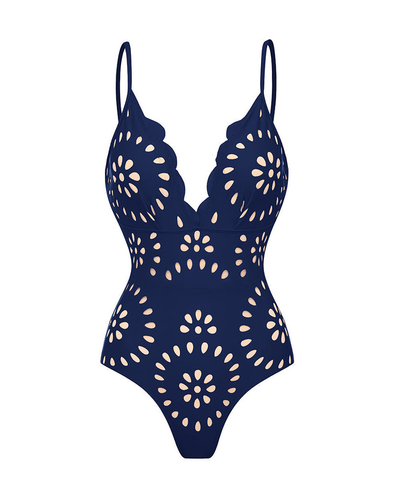 Flower Hollow One Piece Swimsuit and Skirt