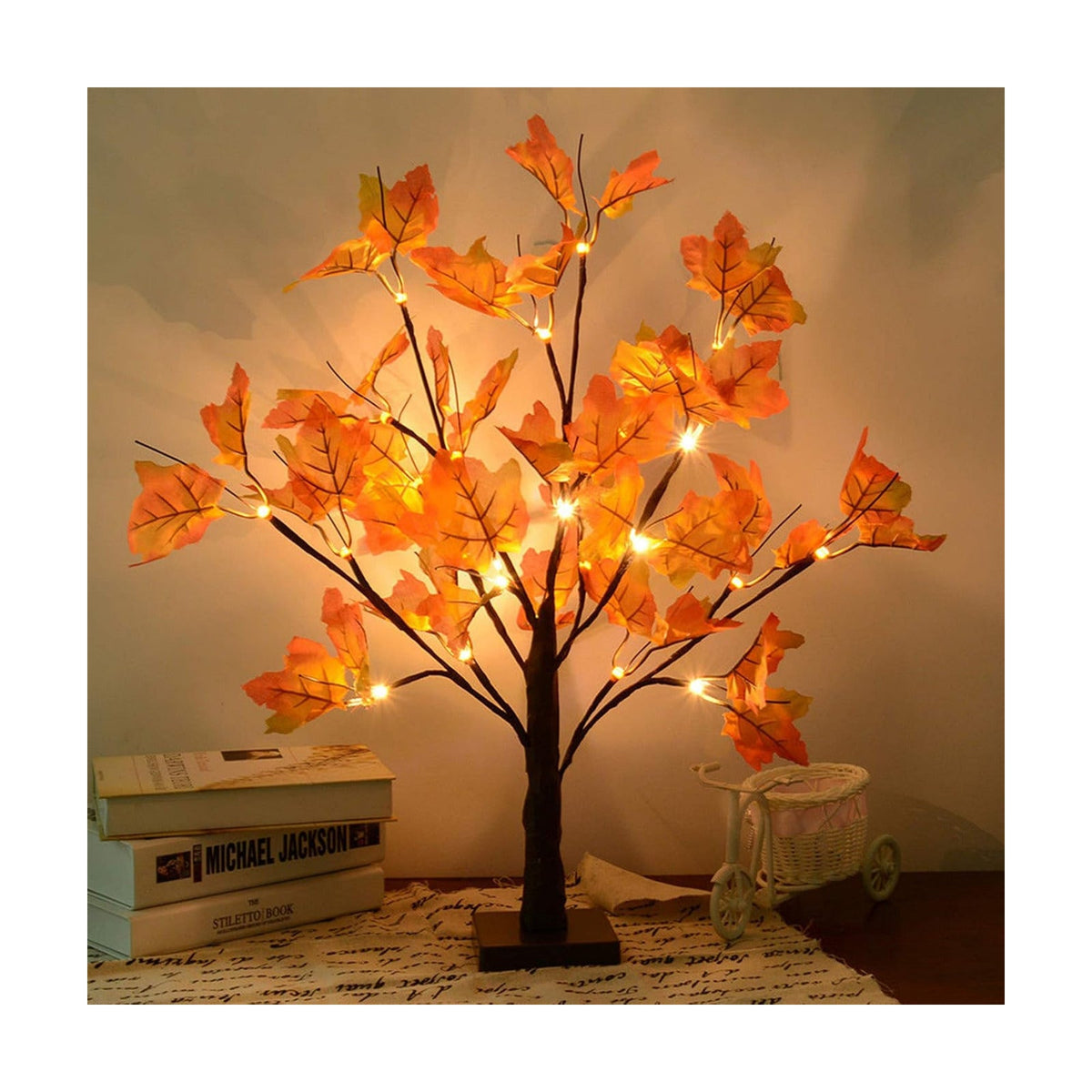 Artificial Fall Lighted Maple Tree 24 LED Thanksgiving Decorations Table Lights Battery Operated for Wedding Party Gifts Indoor Outdoor Autumn Harvest Home Decor