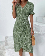 Women's Floral Flowy Midi Dress with V-Neckline in Floral for Date Night