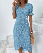 Women's Floral Flowy Midi Dress with V-Neckline in Floral for Date Night