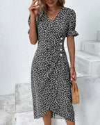 Women's Floral Flowy Midi Dress with V-Neckline in Floral for Date Night