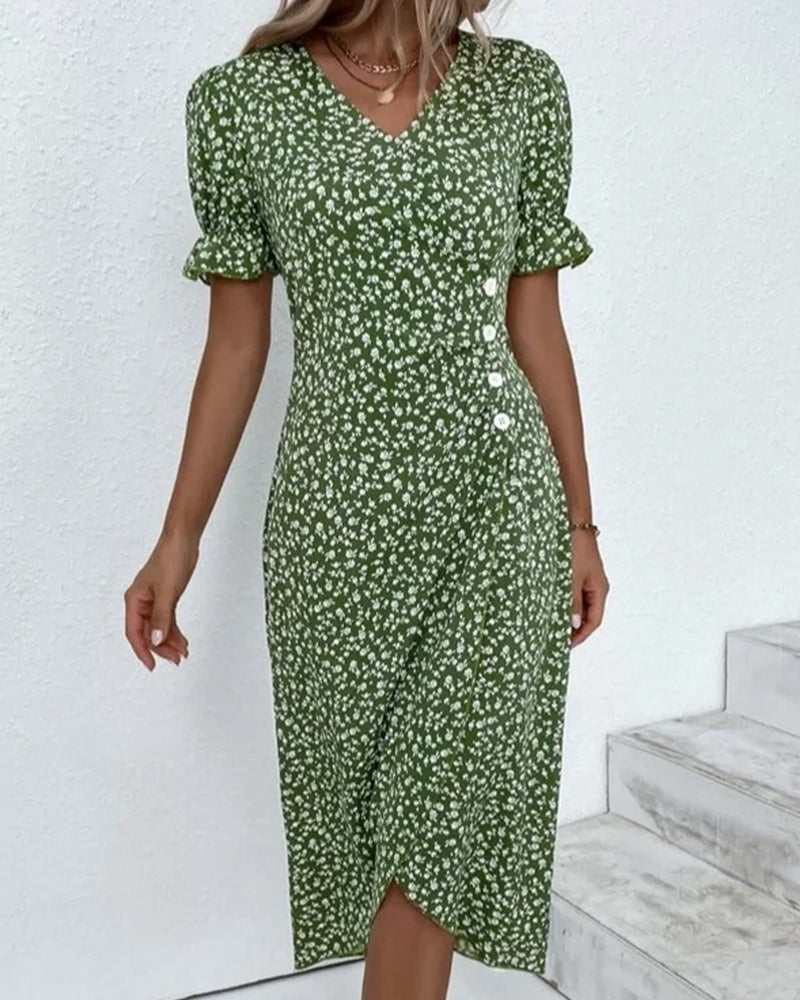 Women's Floral Flowy Midi Dress with V-Neckline in Floral for Date Night