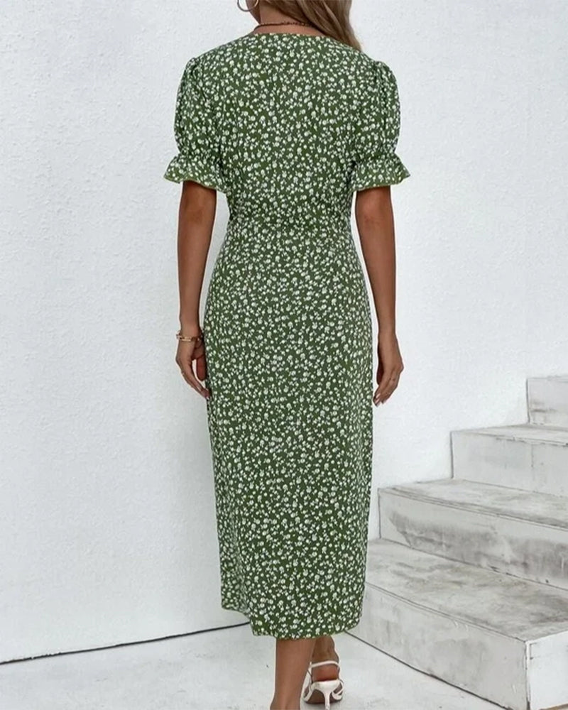 Women's Floral Flowy Midi Dress with V-Neckline in Floral for Date Night