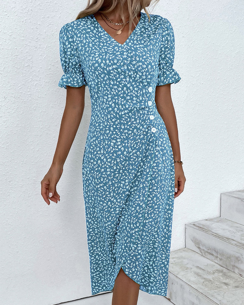 Women's Floral Flowy Midi Dress with V-Neckline in Floral for Date Night