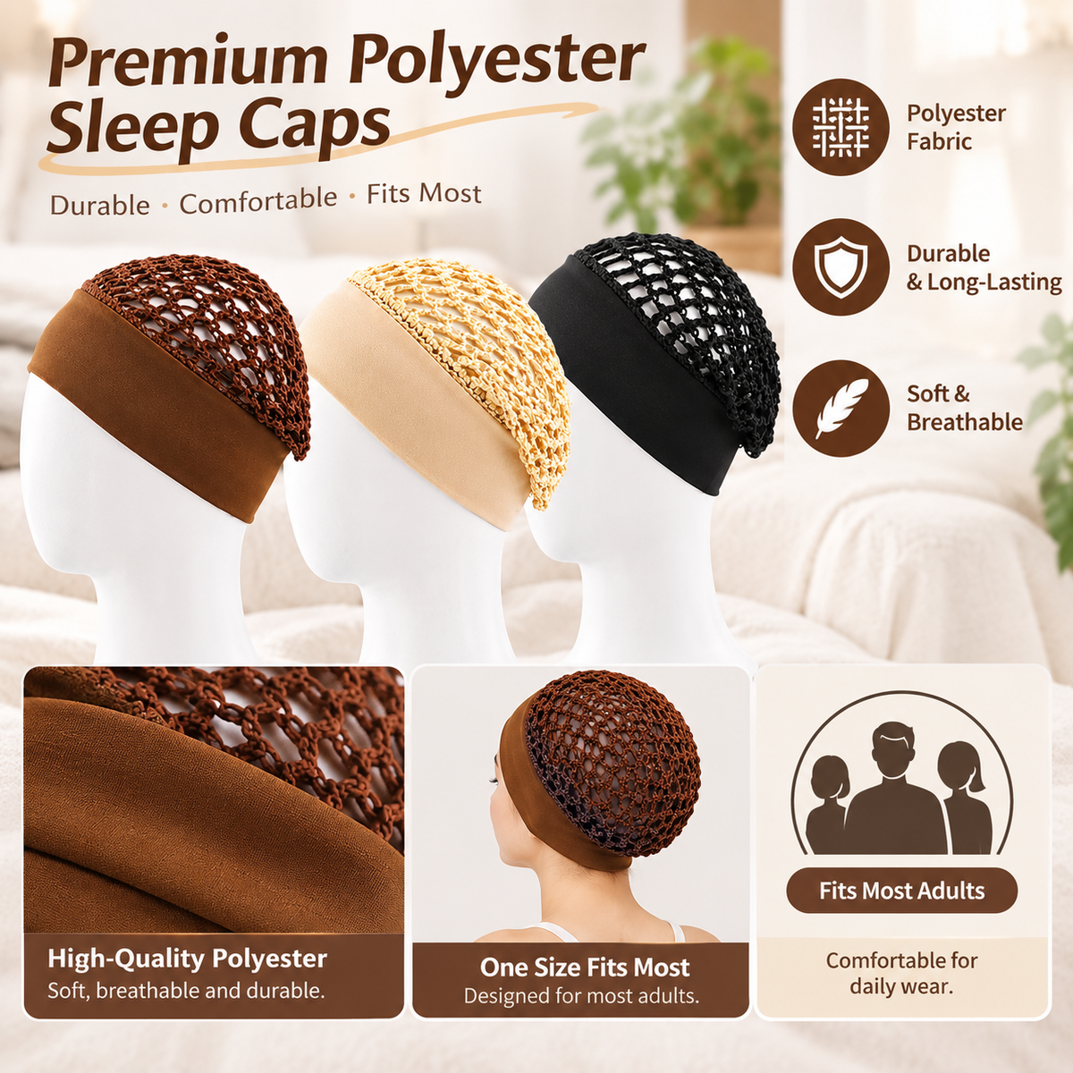 Wide-Edge Stretchy Sleeping Cap, Soft Breathable Hair Bonnet for Sleep