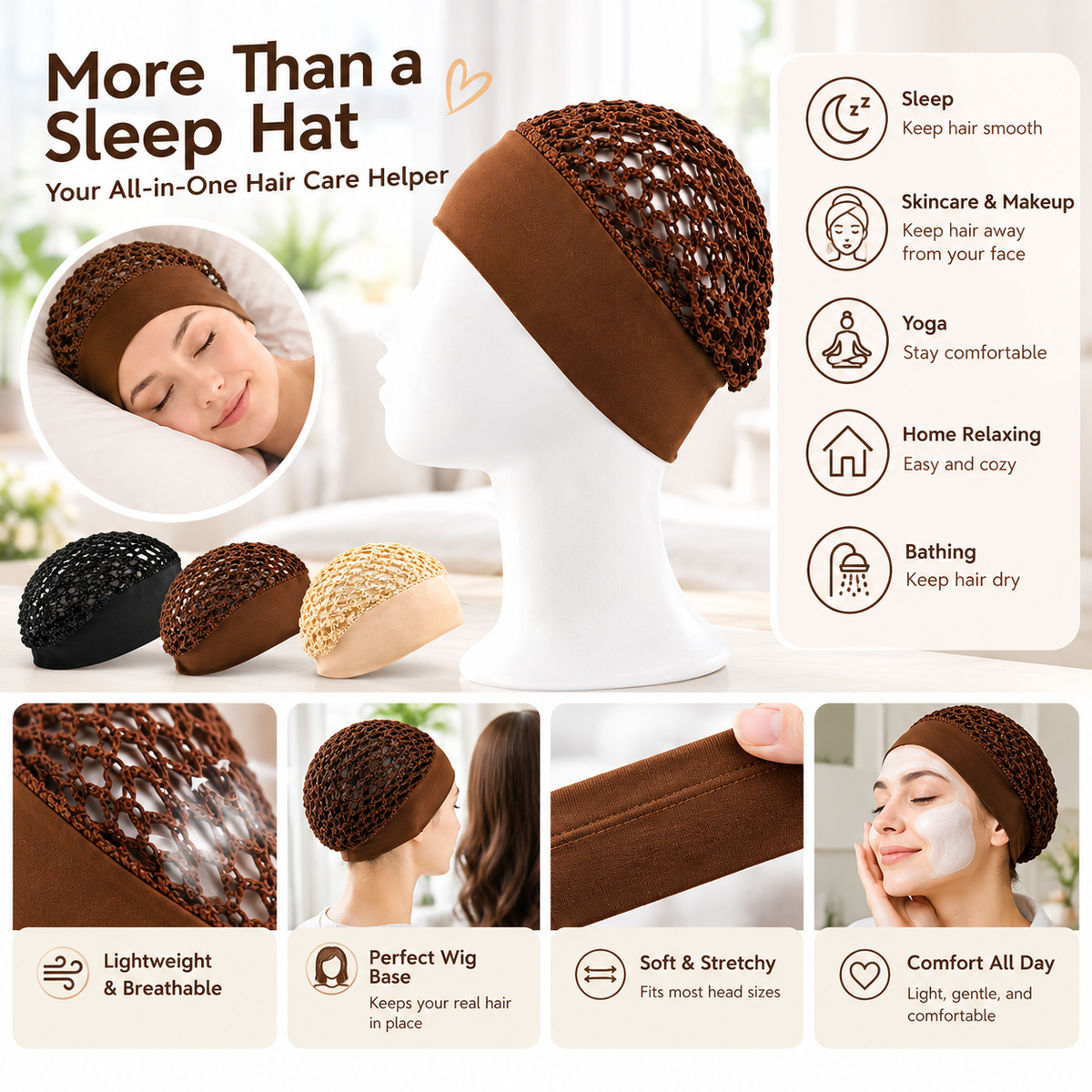 Wide-Edge Stretchy Sleeping Cap, Soft Breathable Hair Bonnet for Sleep