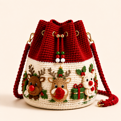 🎄Hand-Knitted Christmas Crochet Bucket Bag in 4 Festive Styles for Women 🎁