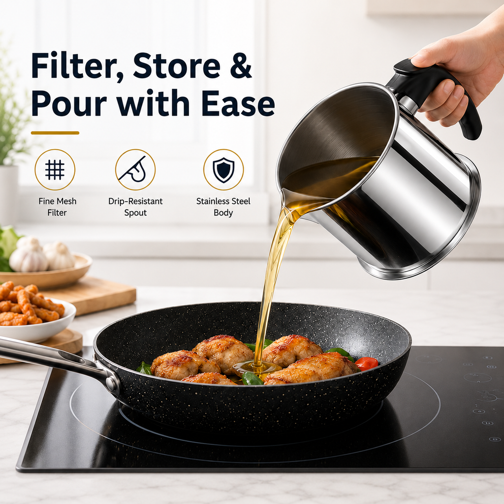 Modern Stainless Steel Oil Dispenser with Filter & Lid