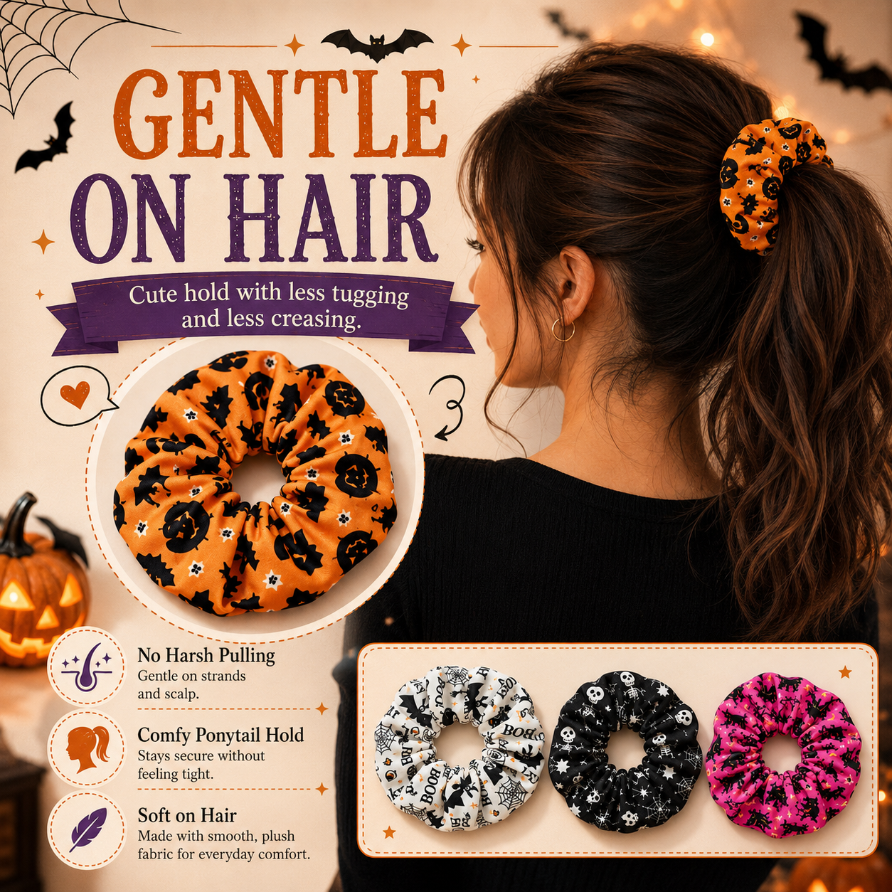 🎃 Hand-Illustrated Halloween Scrunchie Collection (6pc, Limited Batch)