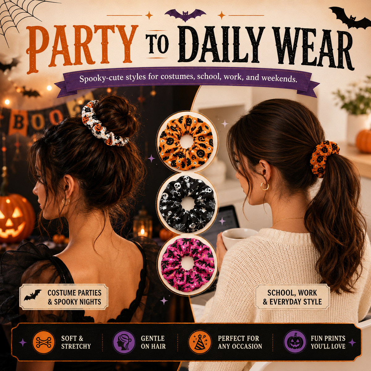 🎃 Hand-Illustrated Halloween Scrunchie Collection (6pc, Limited Batch)