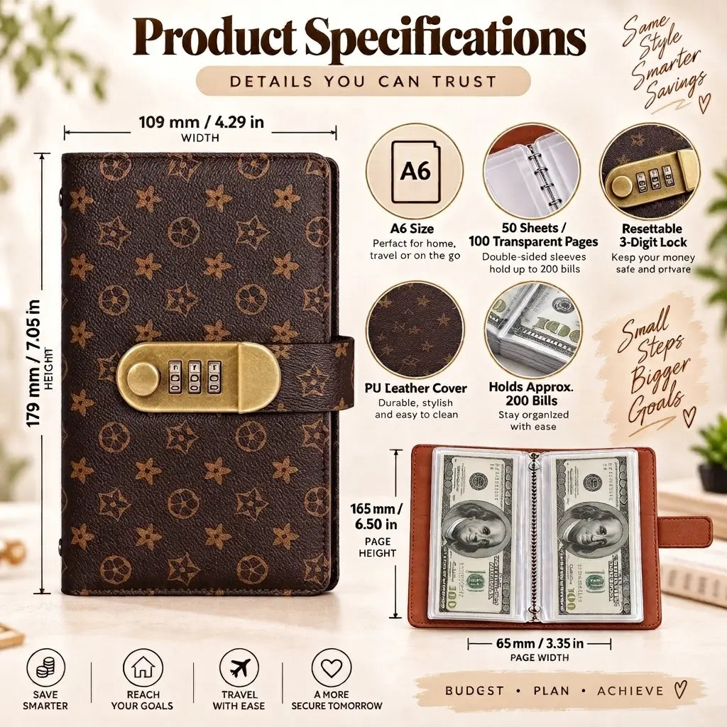 A6 Polyurethane Savings Binder with 3-Digit Resettable Lock – Budget Planner & Bill Organizer, 50 Sheets