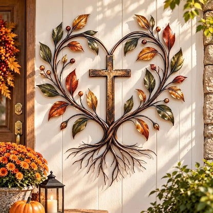 ✝️🍂 Autumn Cross & Pumpkin Harvest Metal Wall Decor