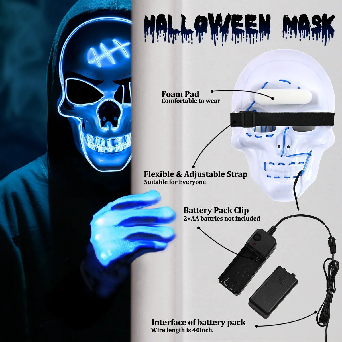 Halloween LED Spooky Skull Mask with Gloves Set