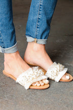 Women's Linen Slip-On Flat Sandals in Ivory with Cushioned Sole for All-Day Comfort