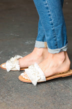 Women's Linen Slip-On Flat Sandals in Ivory with Cushioned Sole for All-Day Comfort