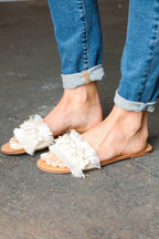 Women's Linen Slip-On Flat Sandals in Ivory with Cushioned Sole for All-Day Comfort