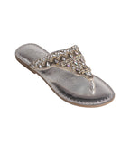 Women's Leather Flat Open-Toe Sandals in Silver with Cushioned Sole for All-Day Comfort