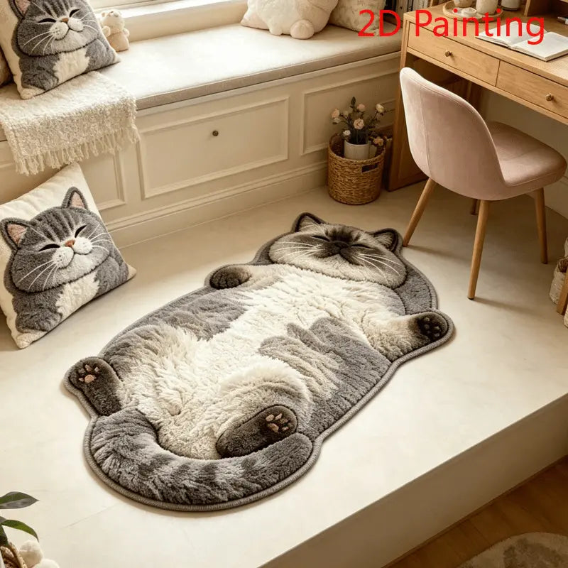 Lazy Cat Shaped Rug, Soft Faux Cashmere-Feel Printed Plush Floor Mat🐱🤎