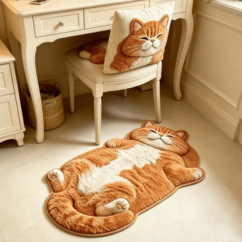 Lazy Cat Shaped Rug, Soft Faux Cashmere-Feel Printed Plush Floor Mat🐱🤎