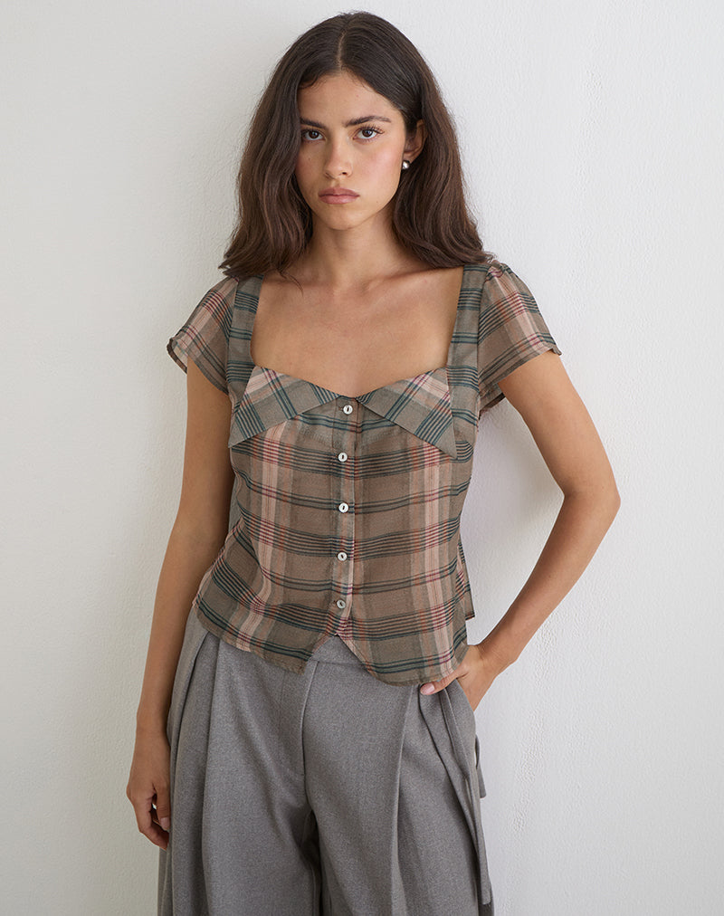 Women's Chiffon Button-Up Blouse with Square Neckline in Brown for Everyday Wear