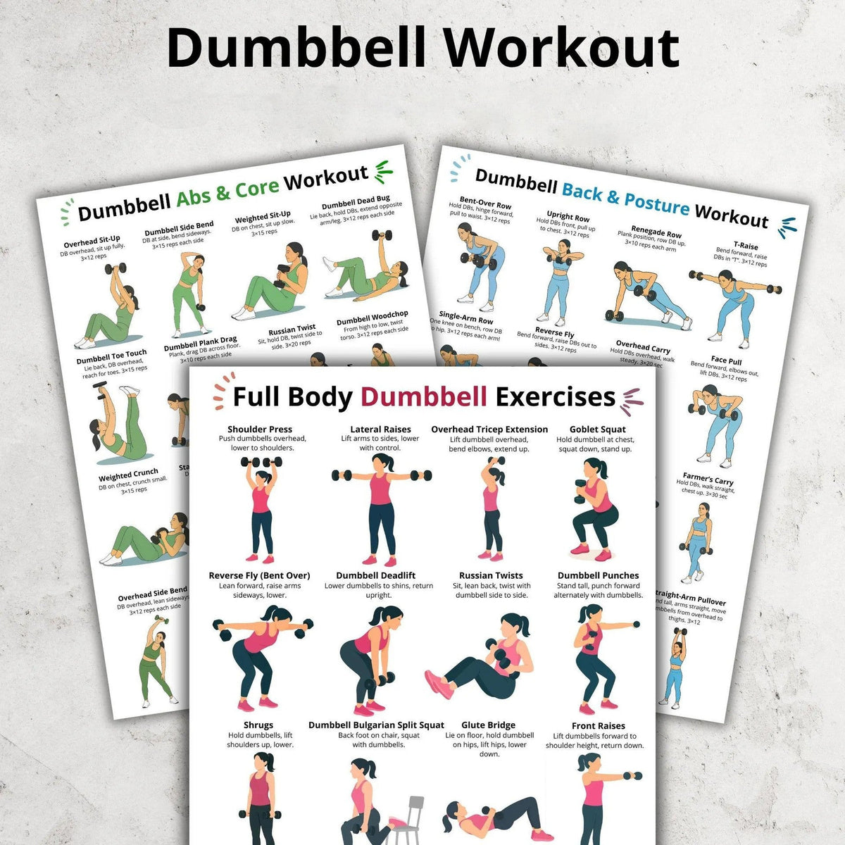 Women's Arm and Dumbbell Workout Poster (3-Piece Set: Arms, Back, and Core)(10 x 8 inches)
