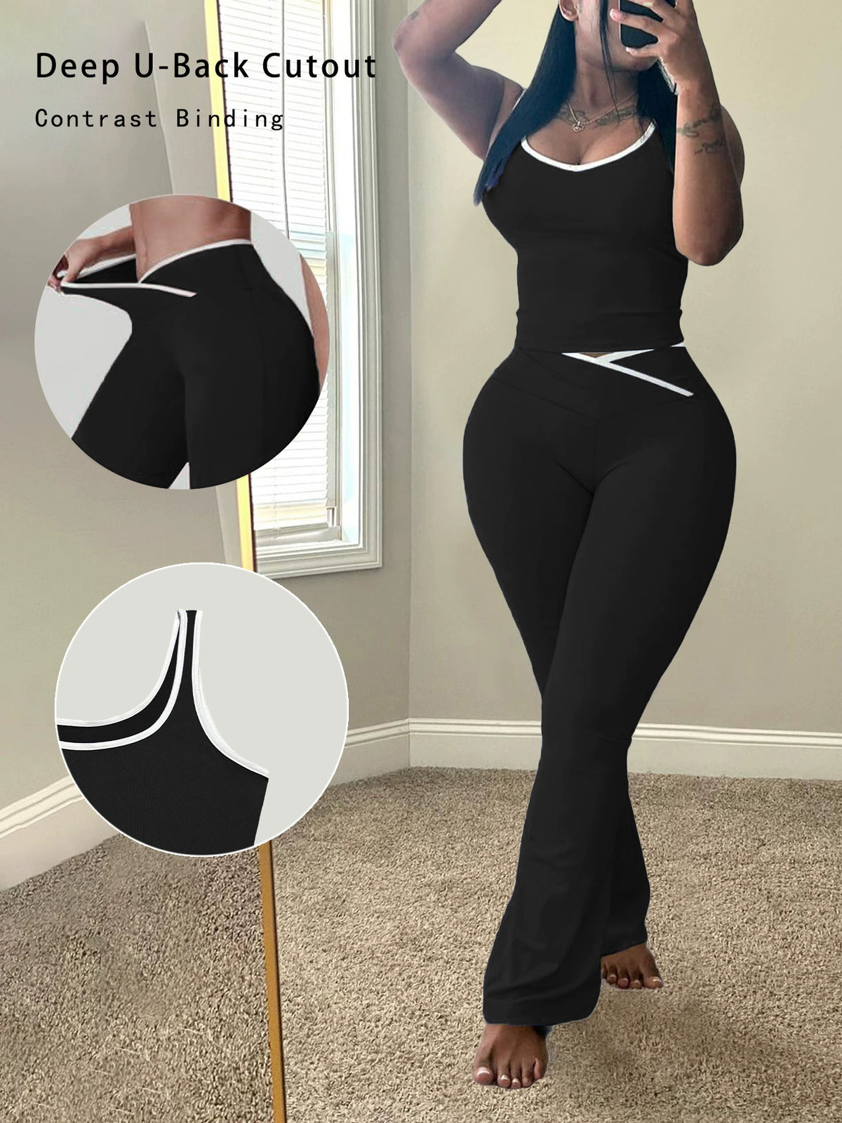 Chic Colorblock Crmon Tank and Flare Pants Lounge Sets