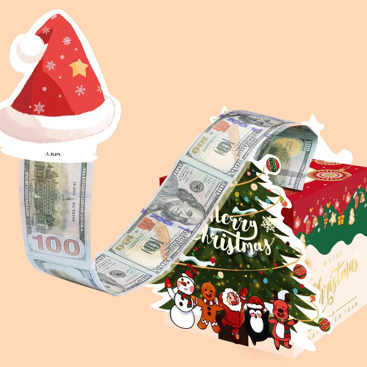 💵🎄 Christmas Money Pull Surprise Box 50 Fillable Pockets for Cash, Treats, Notes & More 🎁