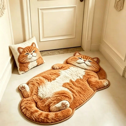 Lazy Cat Shaped Rug, Soft Faux Cashmere-Feel Printed Plush Floor Mat🐱🤎